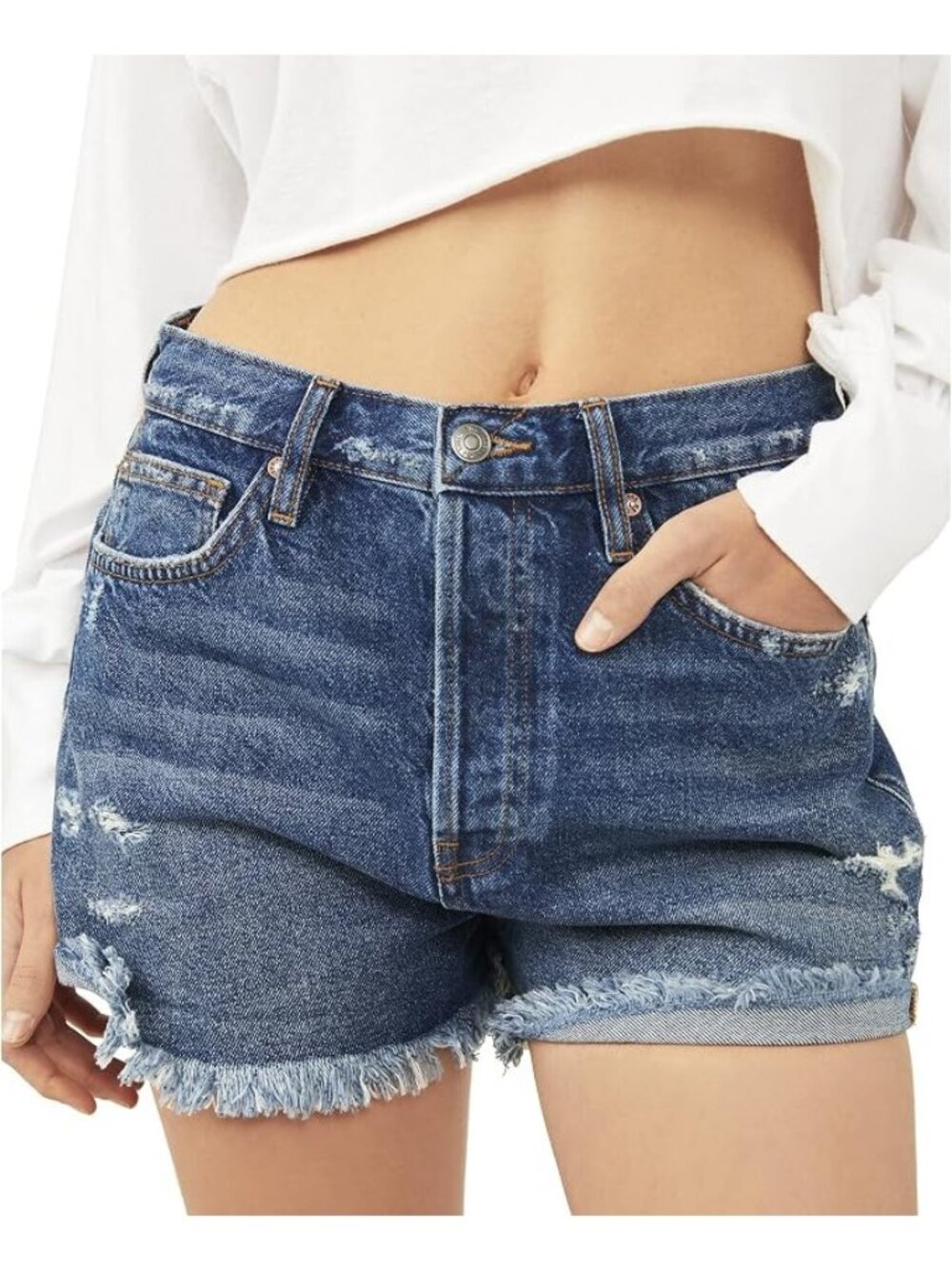 Free People We the Free Size 24 Blue Distressed Jean Button Fly Lasso Shorts